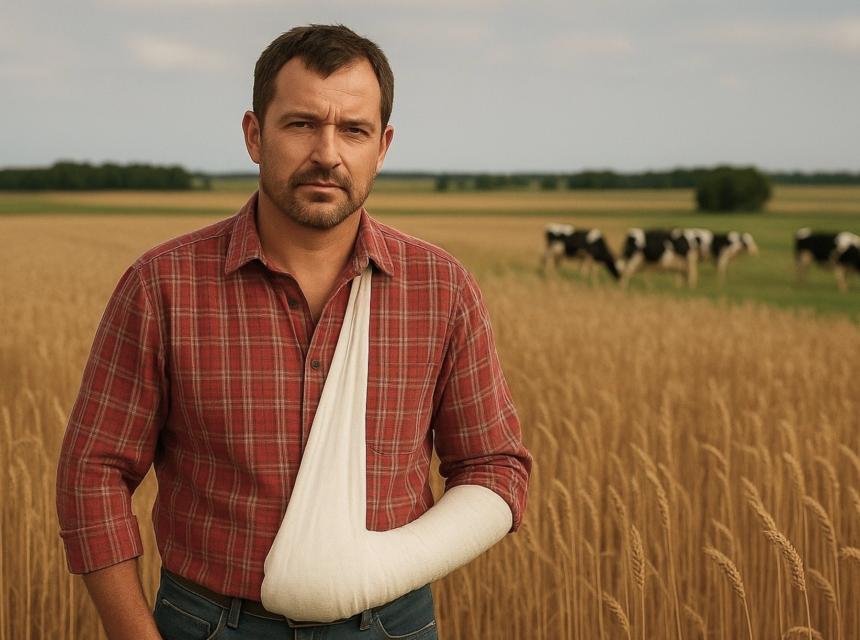 agriculteur le bras dans le plâtre